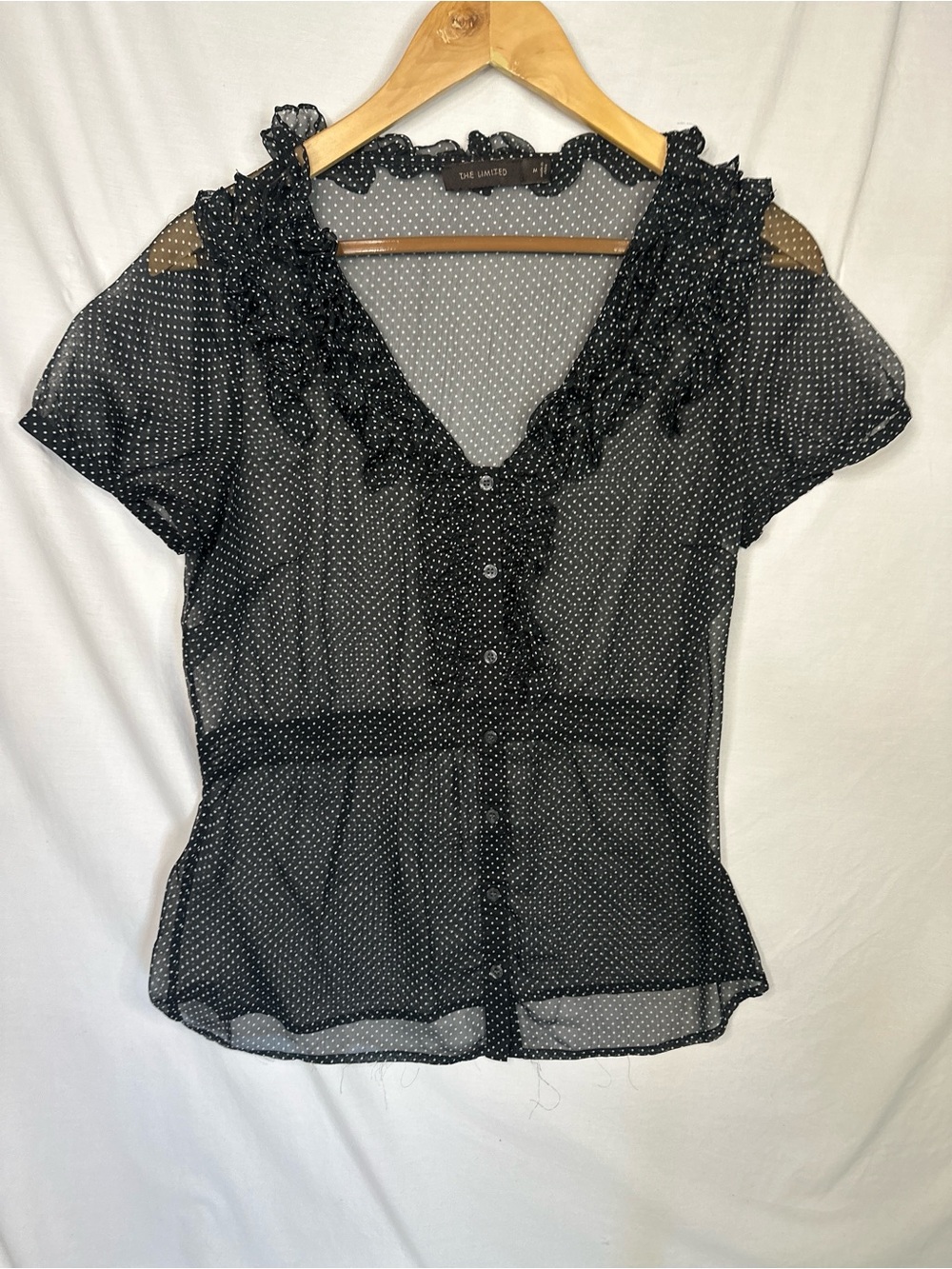 The Limited Black Sheer Polka Dot Ruffle Button Blouse